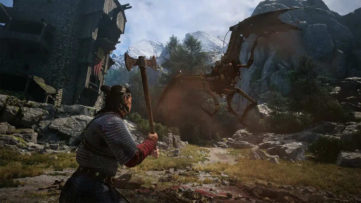 Un războinic cu un topor mare înfruntă o creatură înaripată într-un peisaj muntos în The Blood of Dawnwalker