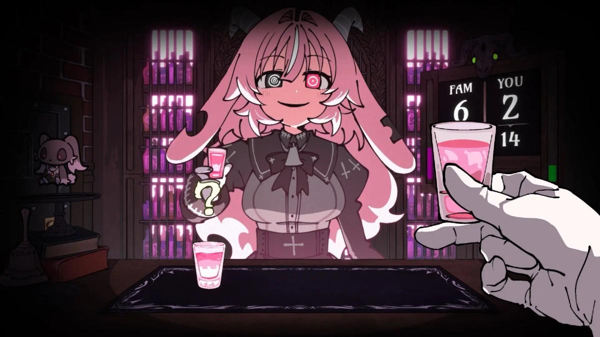 Captură de ecran din Drunken Goddess Reflux care arată un personaj anime cu părul roz în timpul unui joc de băut.