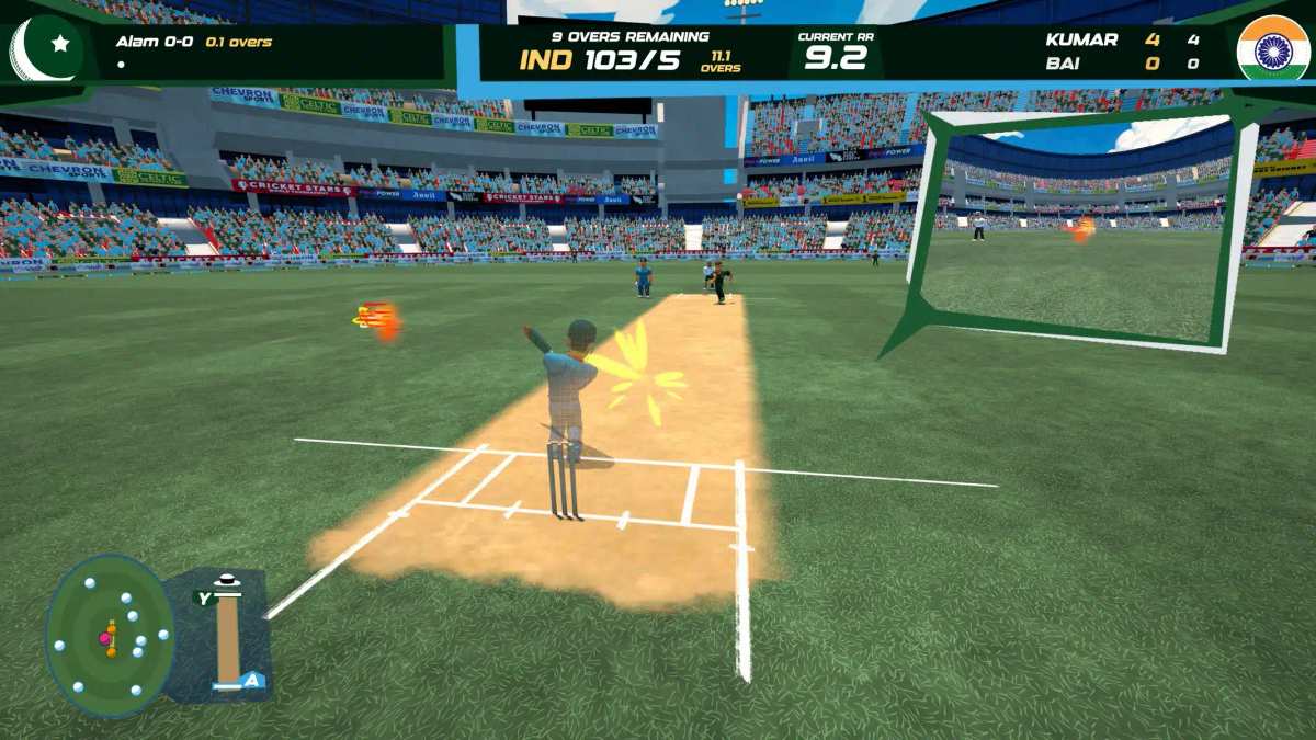 Captură de ecran din Don Bradman Cricket Jr care prezintă un meci de cricket stilizat pe un stadion.