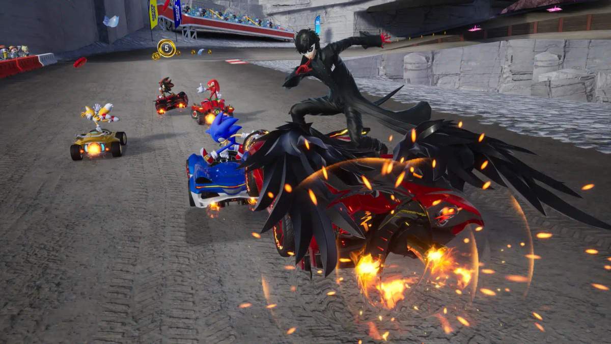 Secvență de gameplay din Sonic Racing: CrossWorlds cu Sonic și alte personaje crossover concurând în mașini.